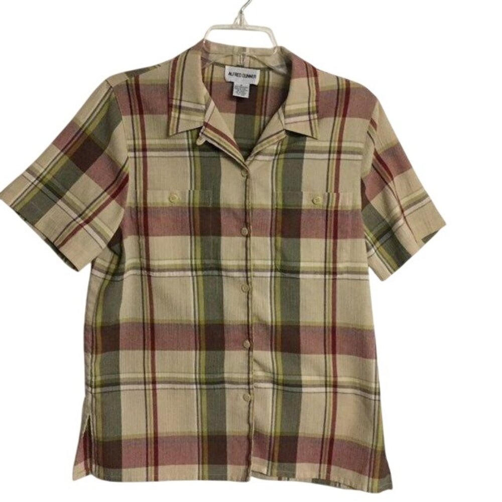 Vintage Alfred Dunner Plaid Button Front Blouse Womens 8 Short Sleeve Casual Top
